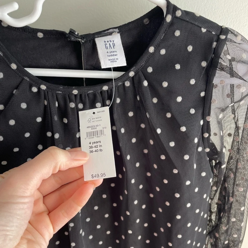 Baby Gap Toddler Girl Flocked Tulle Dress - Black Polka Dot - Size 4 Years - NWT